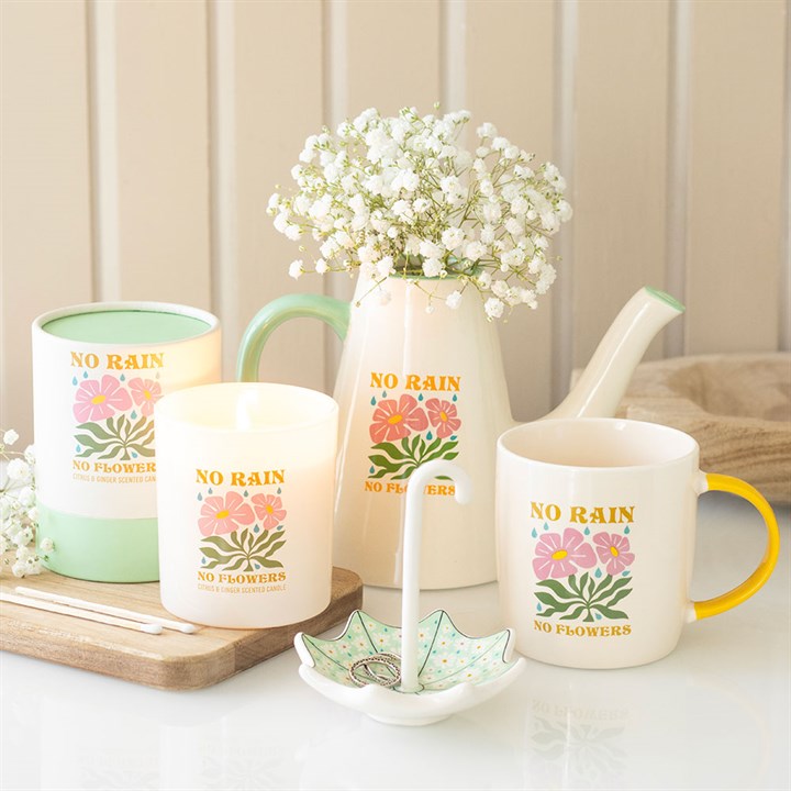White ceramic flower vase shaped like a long-spouted watering can with contrasting light blue handle and charming No Rain, No Flowers text. Presented alongside other items from the same range. 