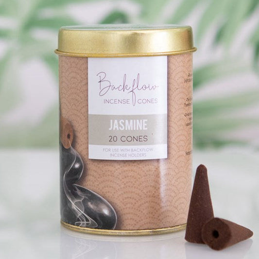 Elements Jasmine backflow incense cones, presented in a themed tin with gold-effect lid. 