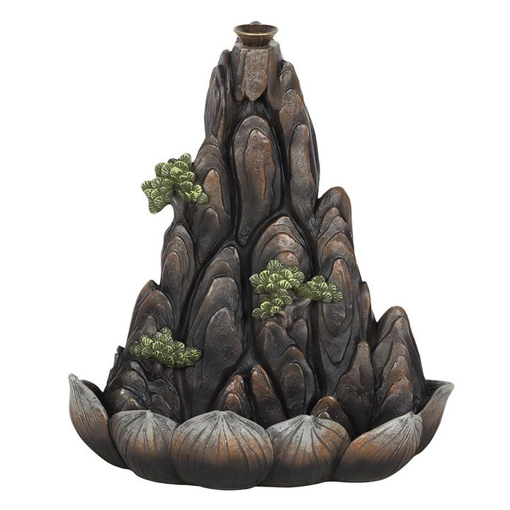 Mountain shaped backflow incense cone burner, with bonsai tree accents. Smoke rolls downwards in a waterfall effect. 
