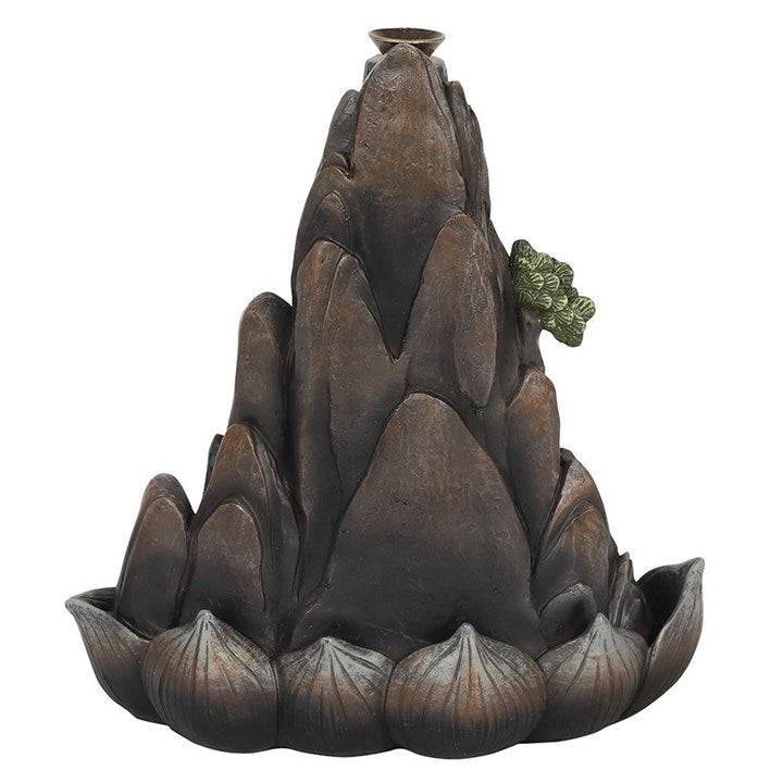 Mountain shaped backflow incense cone burner, with bonsai tree accents. Smoke rolls downwards in a waterfall effect. 