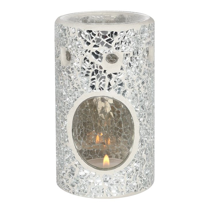 Silver Crackle Glass Pillar Wax Melter I Oil Burner