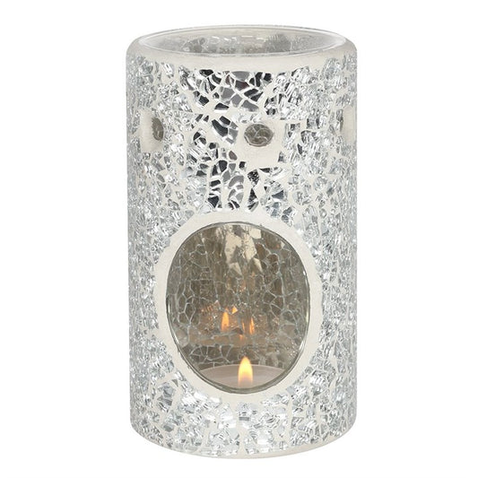 Silver Crackle Glass Pillar Wax Melter I Oil Burner