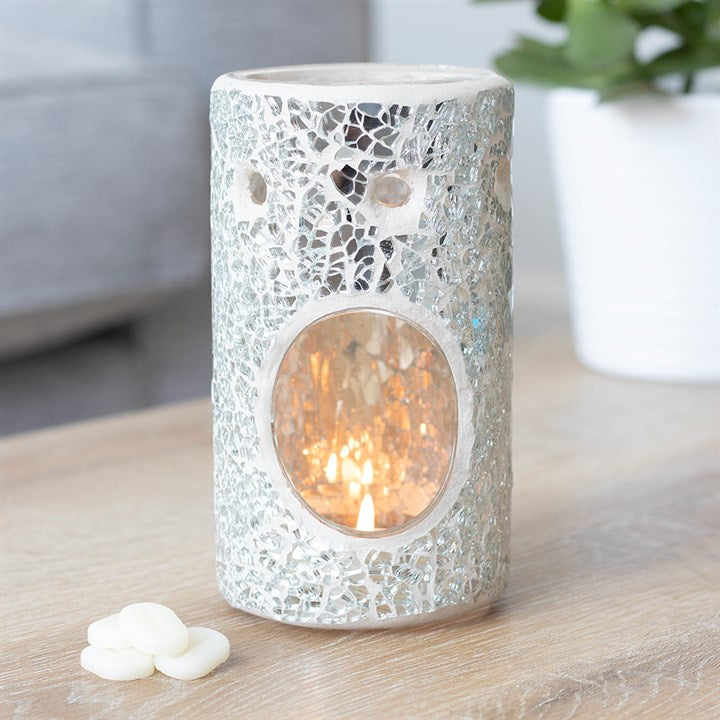 Silver Crackle Glass Pillar Wax Melter I Oil Burner
