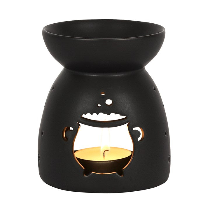 Black ceramic wax melter and oil burner, with charming bubbling cauldron cut out.