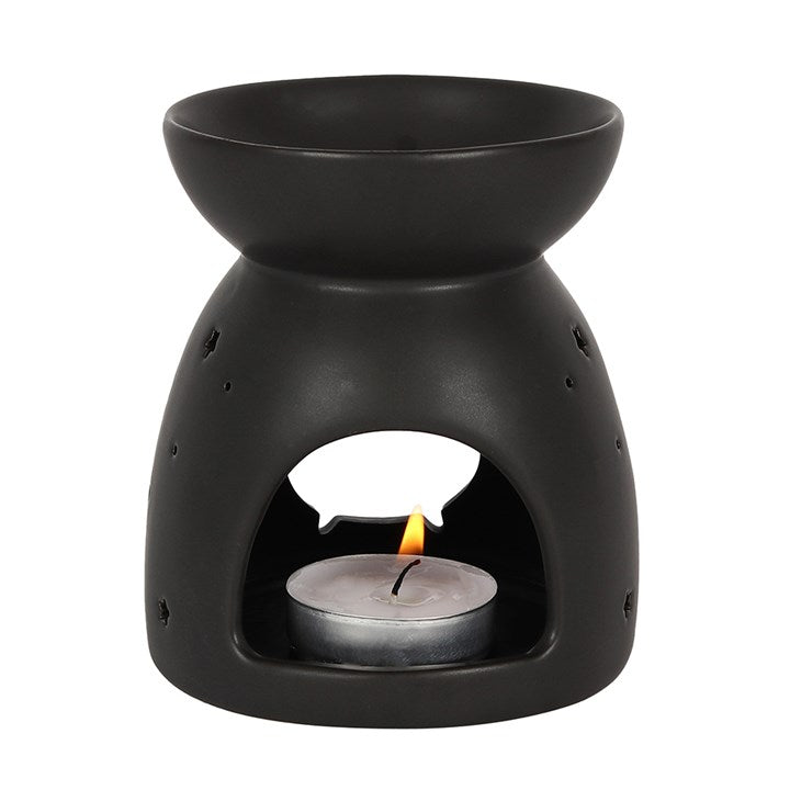 Black ceramic wax melter and oil burner, with charming bubbling cauldron cut out.