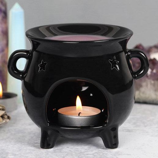 Black ceramic wax melter and oil burner shaped like a classic witch's cauldron.