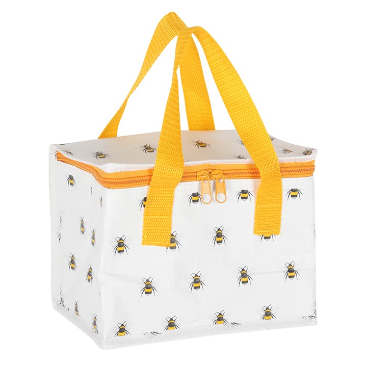 White insulated lunch bag with all-over bumblebee print. 