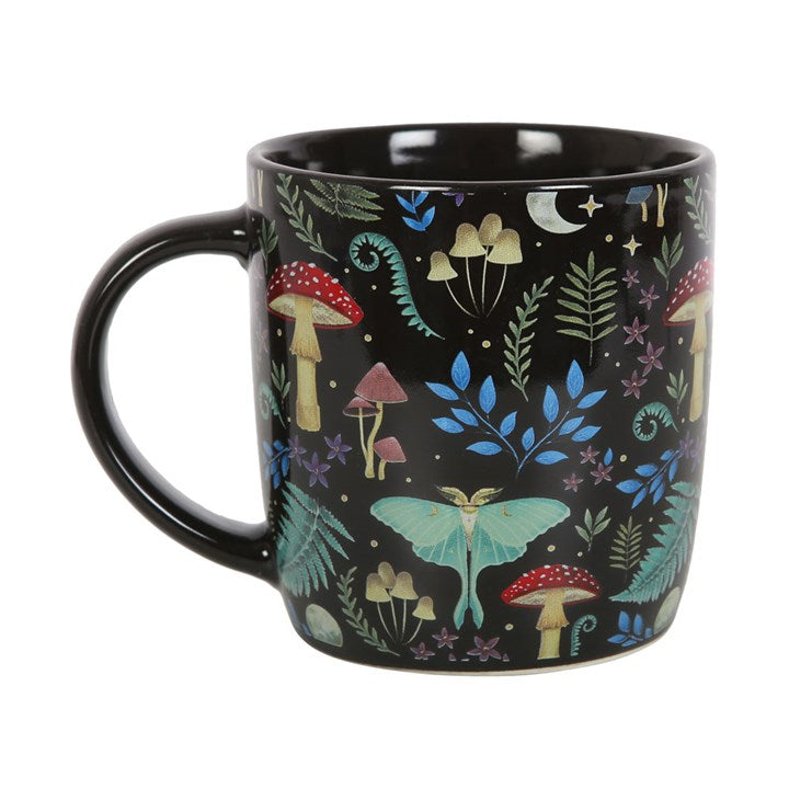 Dark gothic style ceramic mug, with fly agaric, vintage style flora & fauna and mystical luna moths.