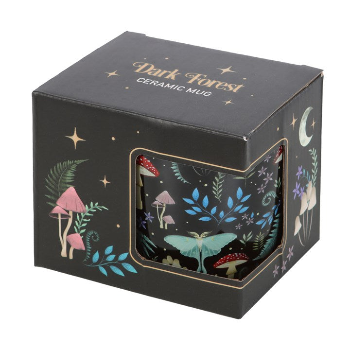 Dark gothic style ceramic mug, with fly agaric, vintage style flora & fauna and mystical luna moths. Presented in a themed box.