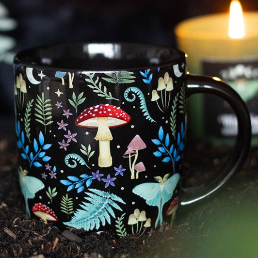 Dark gothic style ceramic mug, with fly agaric, vintage style flora & fauna and mystical luna moths.