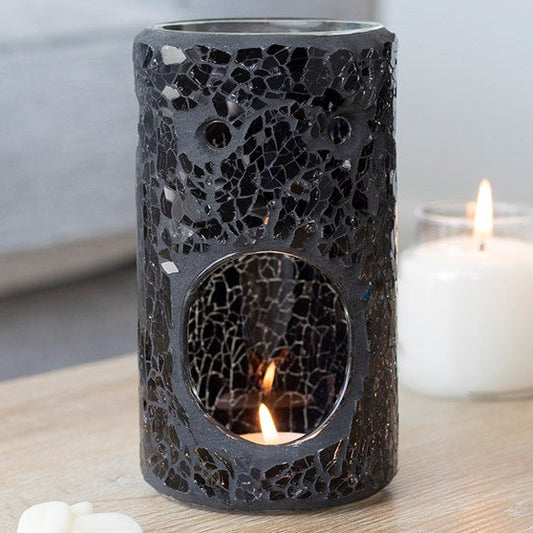 Tall black wax melter and oil burner with glass crackled detailing.