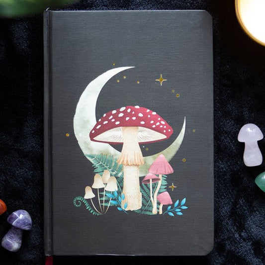 Black A5 lined notebook with a striking gothic cover - including mushrooms, a crescent moon and fauna detailing. 