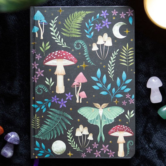 Striking A5 lined notebook with a gothically beautiful cover - including mushrooms, luna moth, florals and faunas. 