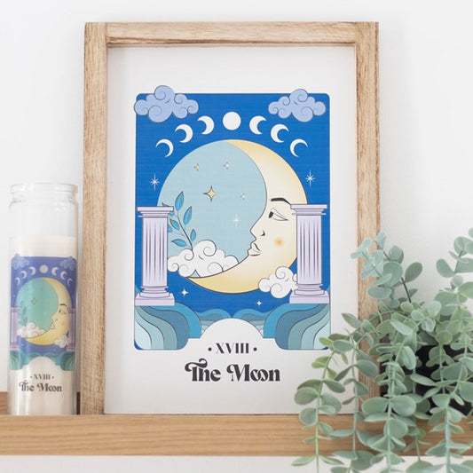 Framed tarot-inspired illustration of The Moon. Presented in a wooden frame.