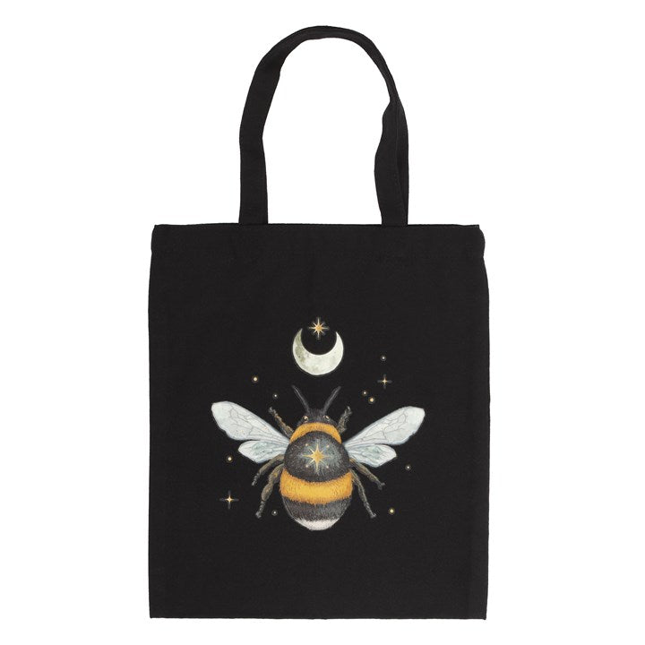 Black tote bag with striking whimsi-gothic forest bee motif.