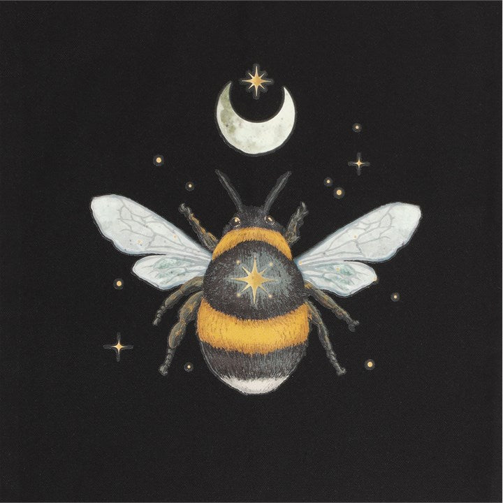Black tote bag with striking whimsi-gothic forest bee motif.