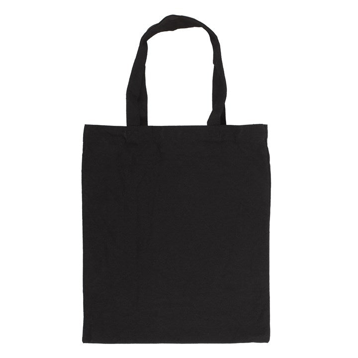 Black tote bag with striking whimsi-gothic forest bee motif. Reverse view.