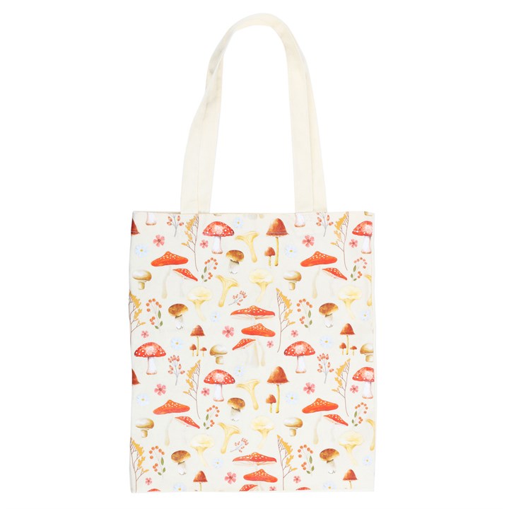 White tote bag with mushroom illustrations. 
