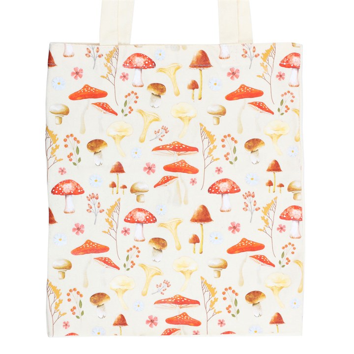 White tote bag with mushroom illustrations. 