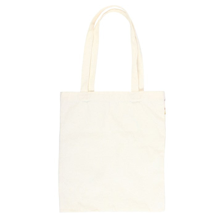 White tote bag with mushroom illustrations. Reverse view.