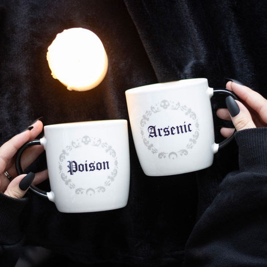 Set of two high quality ceramic mugs with darkly humourous 'Poison' and 'Arsenic' text and complementing gothic icon design.