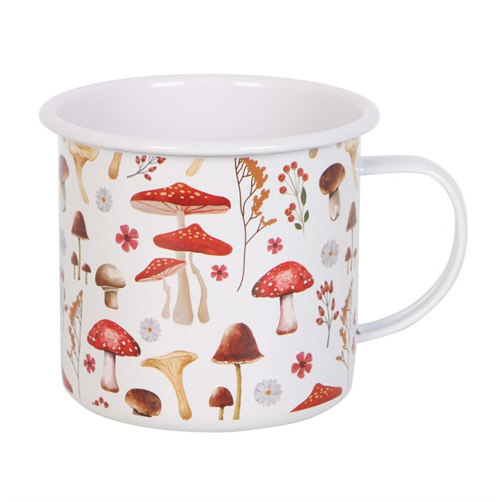 Enamel mug with all-over mushroom print.