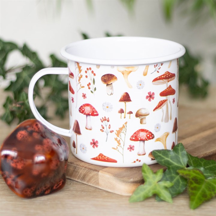 Enamel mug with all-over mushroom print.