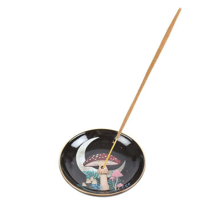 Ceramic incense dish with gothic forest mushroom design, for use with sticks and cones.