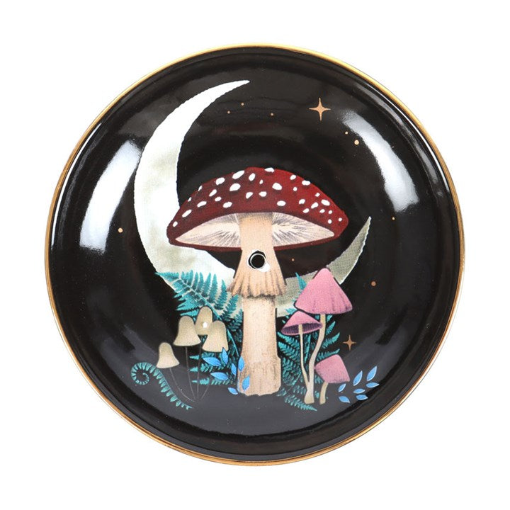 Ceramic incense dish with gothic forest mushroom design, for use with sticks and cones.