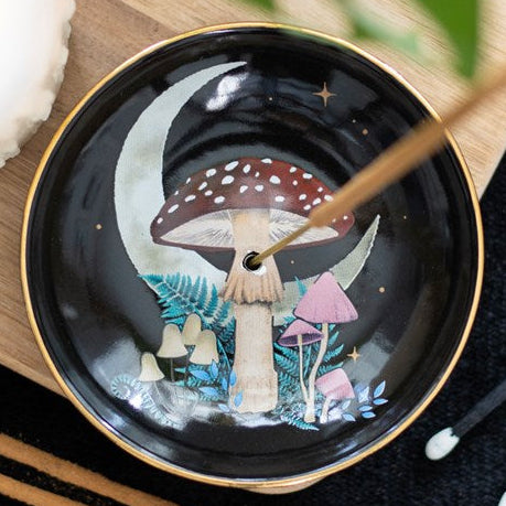 Ceramic incense dish with gothic forest mushroom design, for use with sticks and cones.
