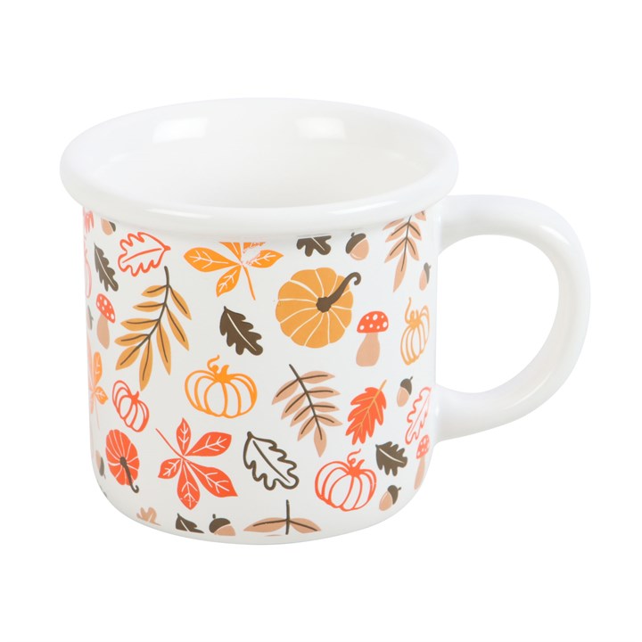 White enamel mug with autumnal leaves, mushrooms, acorns and pumpkins print. 