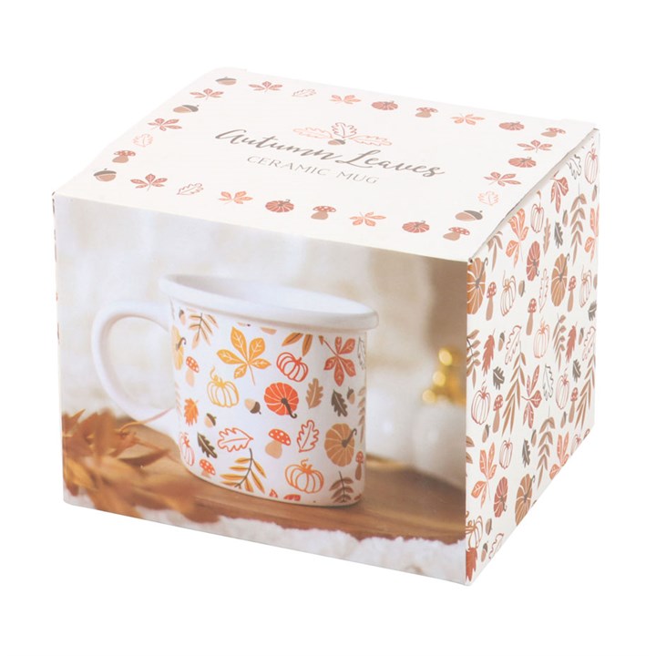 White enamel mug with autumnal leaves, mushrooms, acorns and pumpkins print. Presented in a themed box.