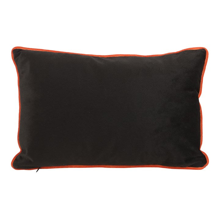 Rectangular Halloween throw cushion. Black background with an orange trim, Welcome to our Haunted House text and jack o' lantern motif. Reverse view.