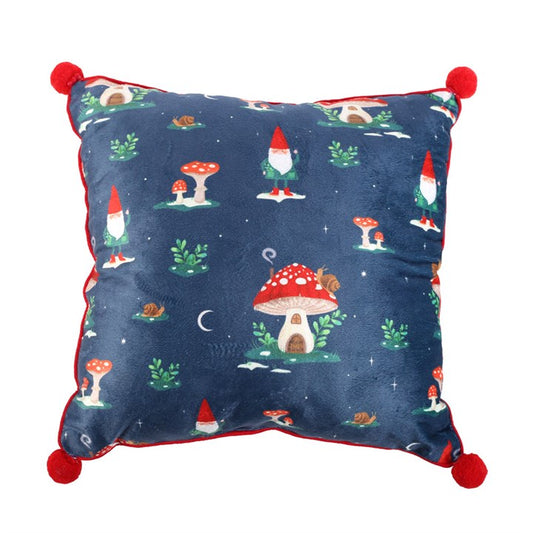 'Gnome Sweet Gnome' Print Cushion with Pom Poms