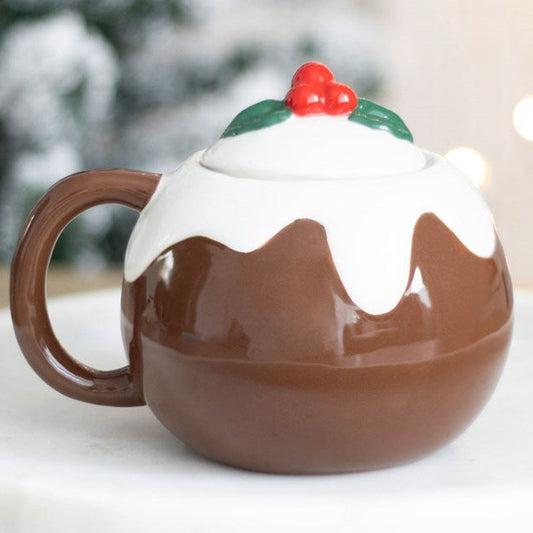 Christmas pudding shaped ceramic mug, with a holly-and-berry detailed lid. 