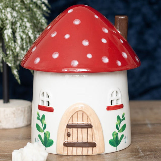 Large-sized mushroom house shaped wax melter and oil burner. With removable lid.