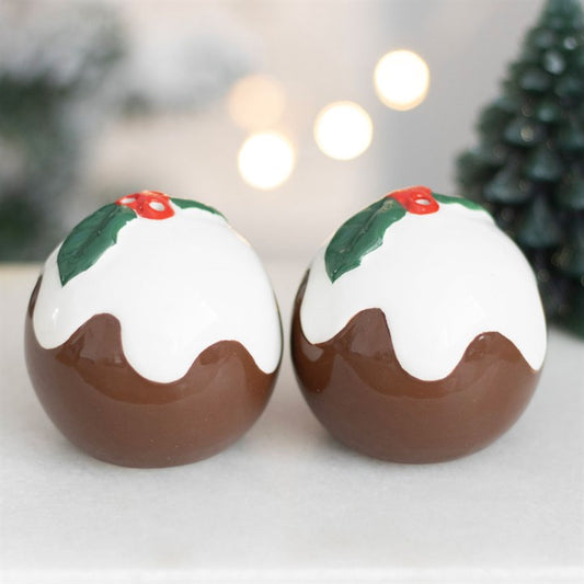 Two christmas pudding-shaped salt and pepper shaker set.