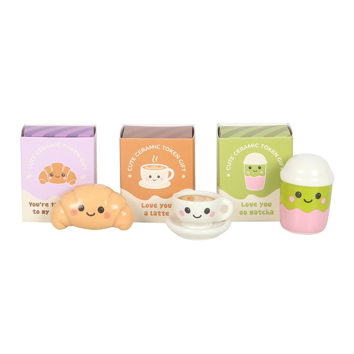 Set of 24 ceramic Kawaii Kafe pocket tokens. Mix of bubble tea, latte and croissant tokens.