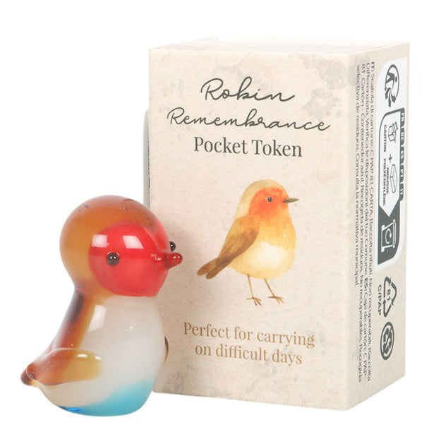 Glass robin shaped remembrance pocket token.