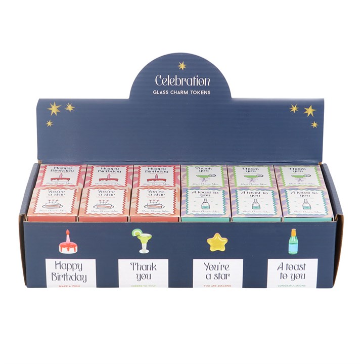 Glass pocket tokens in classic party-icon design. Champagne bottle, cocktail glass, star and birthday cake. Presented in a box.