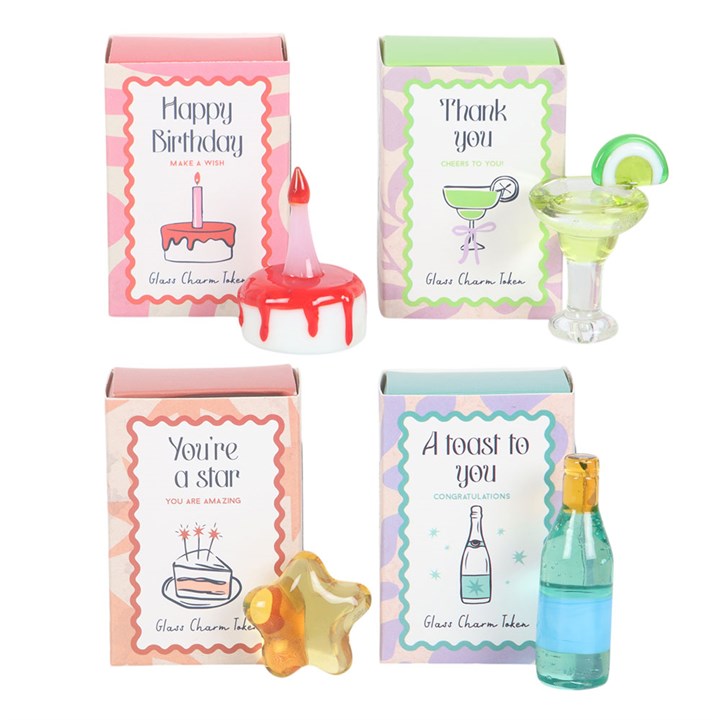 Glass pocket tokens in classic party-icon design. Champagne bottle, cocktail glass, star and birthday cake. 
