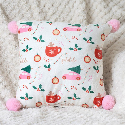 Square decorative cushion with a traditional Christmas icons motif. Fluffy pink pom-pom embellishments add a modern twist.