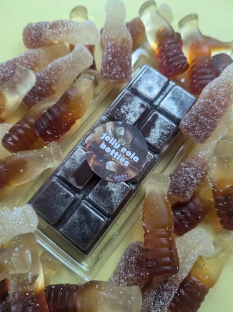 Jelly Cola Bottles coconut wax melt. Dark brown snap bar with silver shimmer accents.