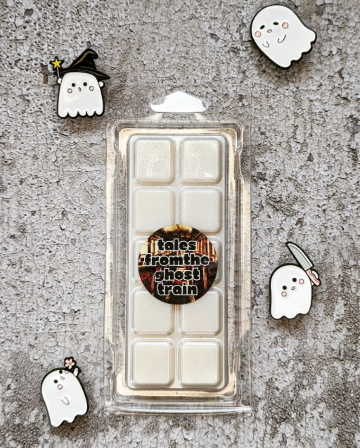 Tales from the Ghost Train coconut wax melt. White snap bar with white shimmer accents.