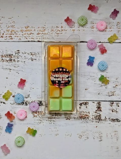 Carnival Candy Cart coconut wax melt. Orange and green ombre snap bar with gold shimmer accents. 