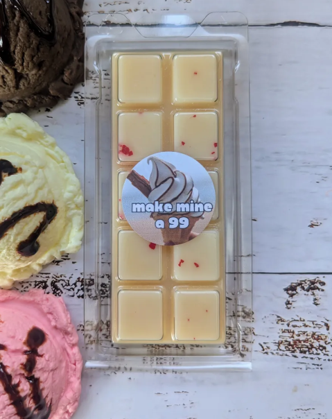 Make Mine a 99! coconut wax melt. Cream snap bar with raspberry accents.