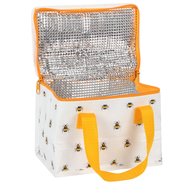 White insulated lunch bag with all-over bumblebee print. 