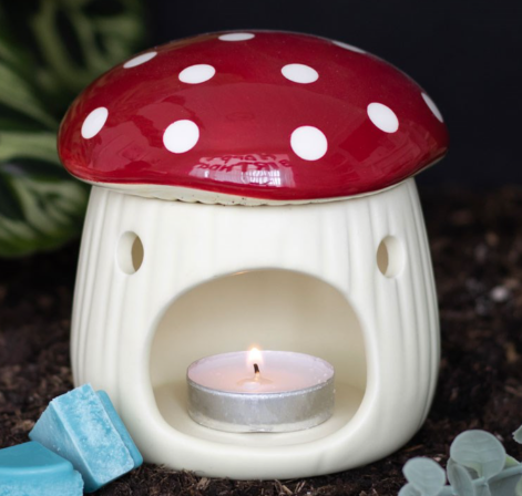 Mushroom (fly agaric) shaped wax melter and oil burner with removable lid. 