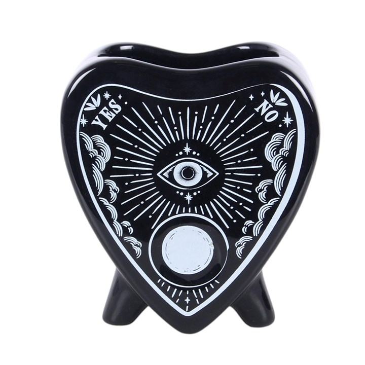 Black planchette shaped flower vase, finished with celestial accents. 