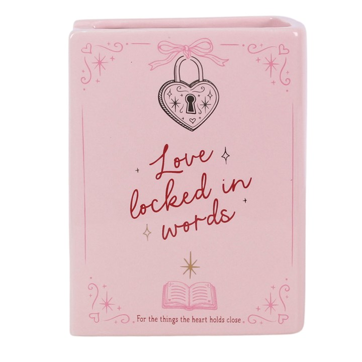 Ceramic book shaped vase, finished with charming heart-shaped lock accents and 'Love Locked in Words' text.